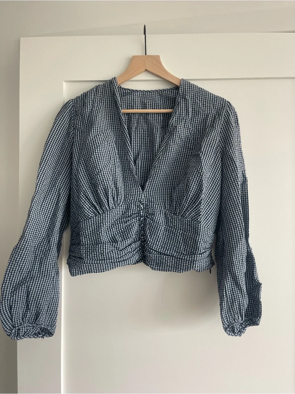 Zara Blue and White Gingham V-Neck Smocked Waist Blouse